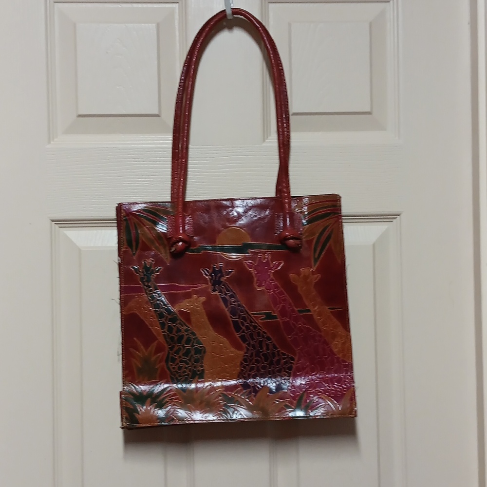 Vintage 1990s Emily Ann Hand Painted Giraffe Leather Tote Bag